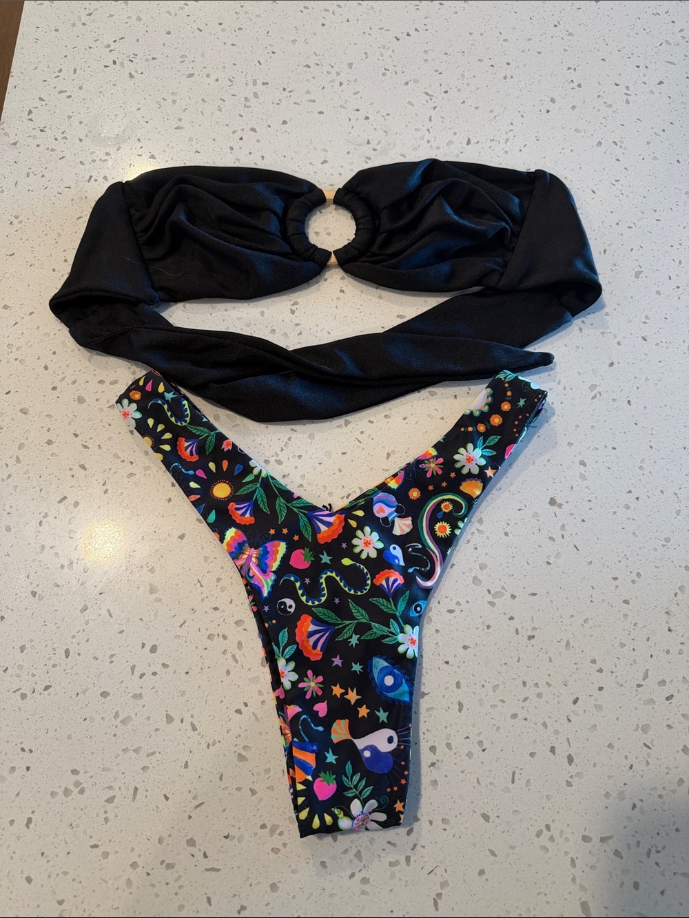 Kulani Kinis Black Ring Bandeau Top with Multicolor Floral Thong Bottom